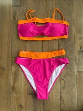 NWT XL Hilinker Hot Pink & Orange Cutout Bikini Set